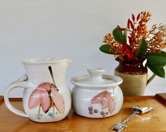 Australian pottery sugar bowl and milk jug, cream and pink, fuschia flowers, morning afternoon teas, sugar bowl and creamer