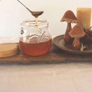 Vintage Gempo glass honey pot: apple motif, wooden lid