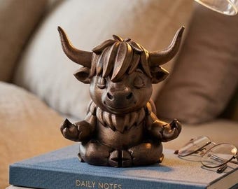 Meditating Highland Cow Statue, Zen Calf Figurine