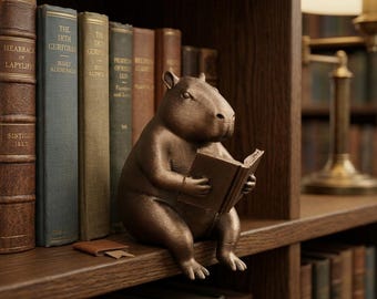 3D Printed Capybara Figurine, Metallic Bronze Reading Rodent, Book Lover Desk Decor