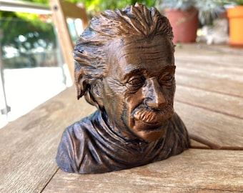 May include: A bronze bust sculpture of Albert Einstein, with a detailed depiction of his hair, face, and clothing.