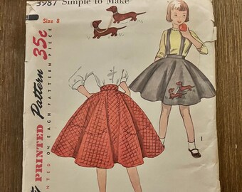1950s Simplicity Sewing Pattern, Girls Size 8, Pattern No 3987, Full Circle Skirt