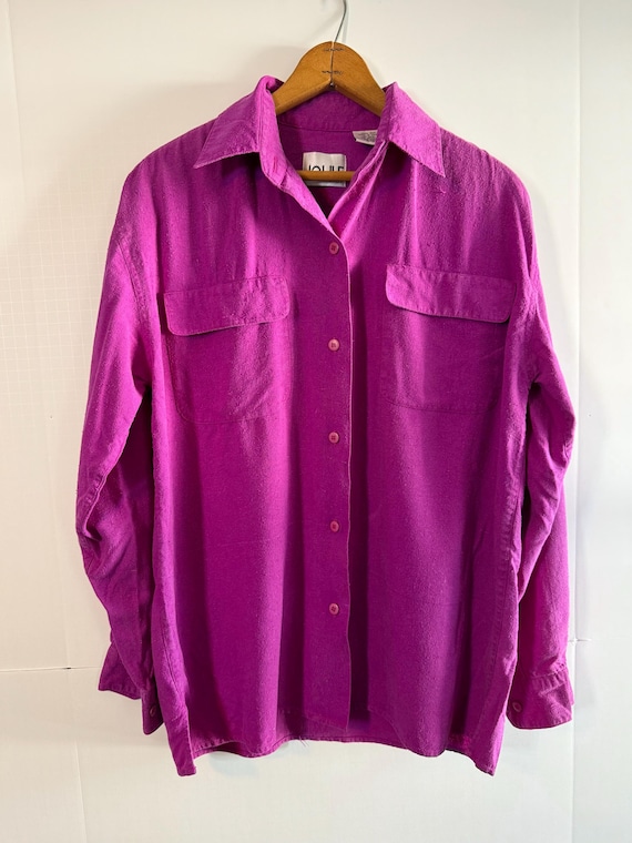 90s Joule Fuchsia Raw Silk Button up Long Sleeve Blouse, Size Medium