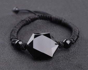Black Obsidian Bracelet-Natural Obsidian Stone Hexagon Bracelet-Healing Crystal Balancing Energy Protection Bracelet Gift