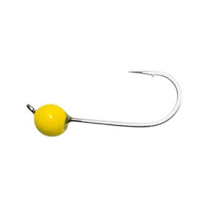 May include: A single yellow jig head with a silver hook. The round head is a bright yellow color, and the hook is a standard curved design. The jig head is designed for fishing.