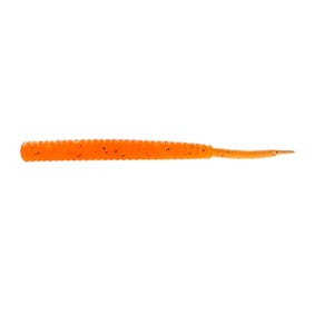 May include: An orange soft plastic fishing lure with a ribbed body and a slender, tapered tail. The lure has small black flecks throughout its body. The bait is designed to attract fish.