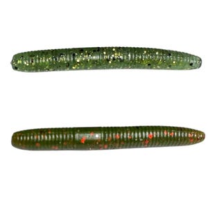 May include: Two green and brown plastic fishing lures with a ribbed texture. The top lure has gold flecks and the bottom lure has red flecks.