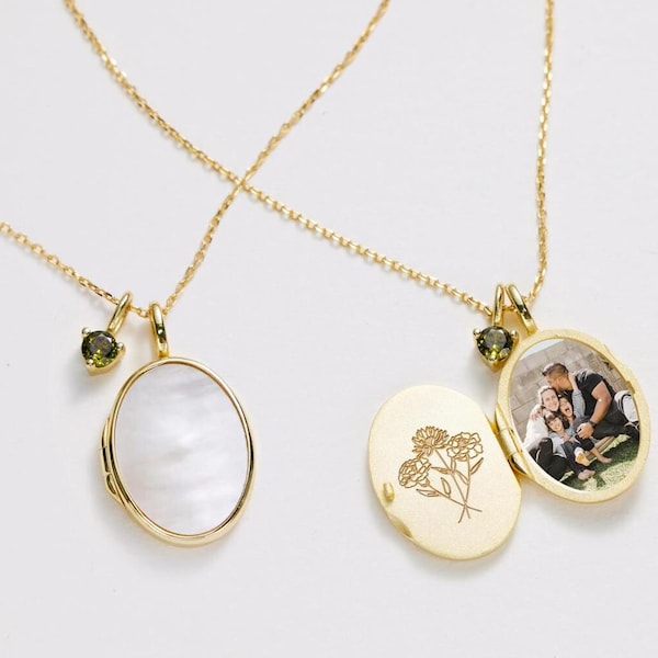 Mother of Pearl Oval Locket • Birth Month Flower Necklace • Birth Flower Gift • Birth Flower Locket • Personalized Locket • Photo Locket