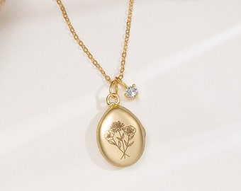 Birth Flower Engraved Locket Necklace • Customized Gold Locket • Personalized Photo Locket • Keepsake Locket • Combined Birth Flower