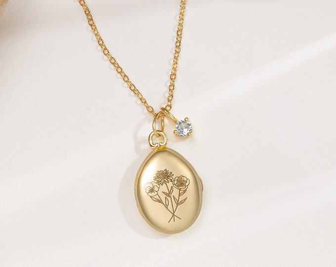 Birth Flower Engraved Locket Necklace • Customized Gold Locket • Personalized Photo Locket • Keepsake Locket • Combined Birth Flower