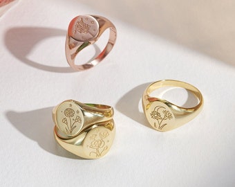 Anillo de sello con flor de nacimiento • Anillo de sello personalizado • Mes de nacimiento personalizado • Regalo de boda • Regalo de flor de nacimiento • Anillo de flor de nacimiento