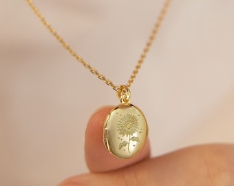 Sunflower Locket Necklace • Floral Necklace • Customize Locket • Personalized Photo Locket • Keepsake Locket • Engraved Locket