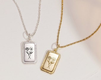Birth Flower Tag Necklace • Flower Necklace • Personalized Tag Necklace • Wedding Gift • Best Friend Gift • Gift for Her