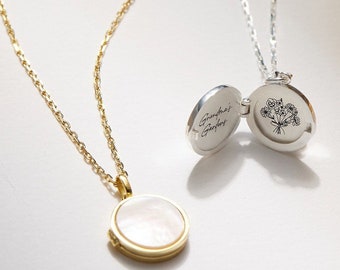 Mother of Pearl locket • Birth Flower Necklace • Grandma's Garden • Engraved Locket • Customized Locket • Gold Locket