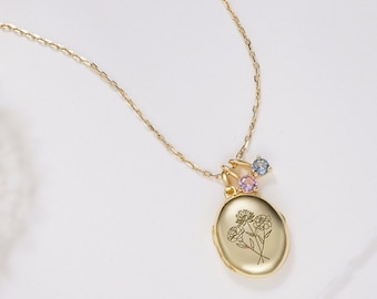 Collar con medallón grabado con flor de nacimiento • Medallón de oro personalizado • Medallón con fotografía personalizada • Medallón de recuerdo • Flor de nacimiento combinada