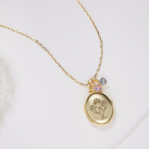 Birth Flower Engraved Locket Necklace • Customized Gold Locket • Personalized Photo Locket • Keepsake Locket • Combined Birth Flower