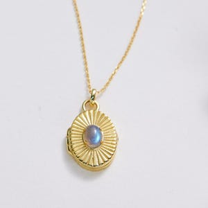 May include: A gold-colored necklace with a pendant featuring a blue gemstone. The pendant has a sunburst design and is suspended from a delicate chain. The necklace is displayed on a white surface with dried plants.