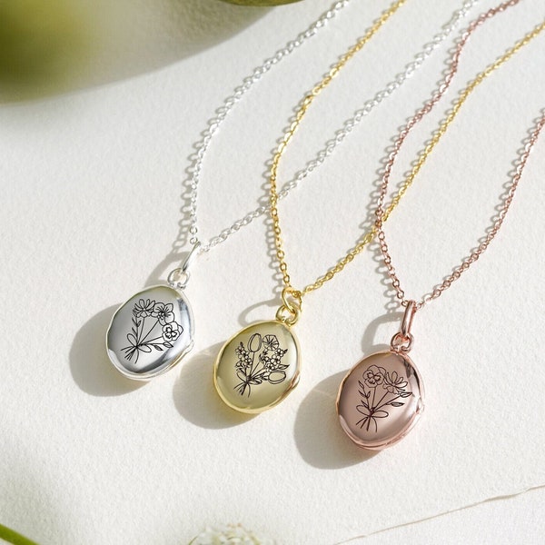 Birth flowers Bouquet Oval Locket • Locket Necklace • Personalized Jewelry Gifts • Birth Flower Necklace • Necklace for Mom • Gift for mom
