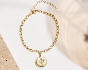 Gepersonaliseerde gegraveerde medaillonarmband met geboortebloem • Gepersonaliseerde fotomedaillon • Gecombineerde geboortebloem • Zilveren medaillon • Gedenkteken