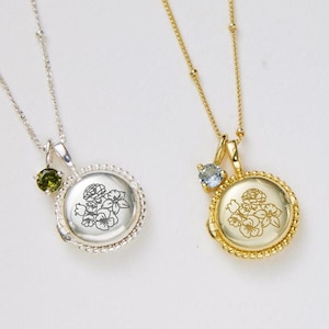 Birth Flower Engraved Locket Necklace • Message Locket • Personalized Photo Locket • Keepsake Locket • Combined Birth Flower • Round Locket