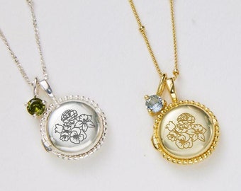 Birth Flower Engraved Locket Necklace • Message Locket • Personalized Photo Locket • Keepsake Locket • Combined Birth Flower • Round Locket