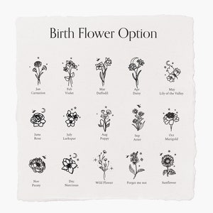 Puede incluir: Un gr&aacute;fico que muestra la flor de nacimiento para cada mes del a&ntilde;o. Las flores est&aacute;n ilustradas en blanco y negro con un dise&ntilde;o de estrella y luna creciente. Las flores est&aacute;n etiquetadas con el mes y el nombre de la flor.