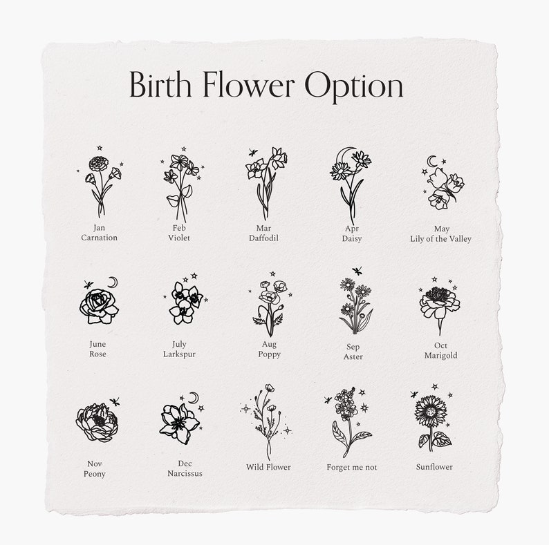 Puede incluir: Un gr&aacute;fico que muestra la flor de nacimiento para cada mes del a&ntilde;o. Las flores est&aacute;n ilustradas en blanco y negro con un dise&ntilde;o de estrella y luna creciente. Las flores est&aacute;n etiquetadas con el mes y el nombre de la flor.