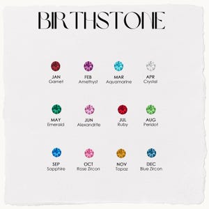 May include: A chart displaying birthstones for each month. The word "BIRTHSTONE" is at the top. Each month is listed with its corresponding gemstone: Garnet, Amethyst, Aquamarine, Crystal, Emerald, Alexandrite, Ruby, Peridot, Sapphire, Rose Zircon, Topaz, and Blue Zircon.