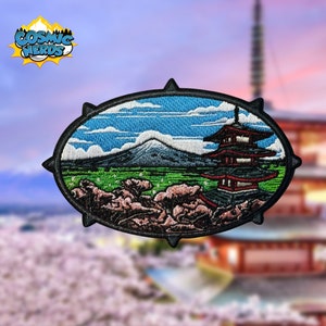 May include: Embroidered patch featuring a red pagoda with a mountain range and a blue sky in the background. The patch is surrounded by a black oval with spikes.