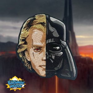 May include: Embroidered patch featuring a split image of Darth Vader and a young Anakin Skywalker. The left side shows Anakin's face with a red eye, while the right side shows Darth Vader's helmet and mask.