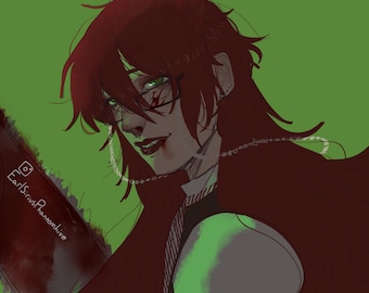 May include: Digital illustration of a character with long red hair, green eyes, and glasses. The character has a chain necklace and is holding a chainsaw. The background is green. The character has blood on their face and mouth.