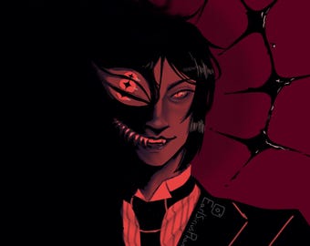 May include: A digital illustration of a character with dark hair, wearing a suit with a striped shirt. One side of the face is shadowed with a glowing red eye and sharp teeth. The background is deep red with black, spiky, star-like shapes.