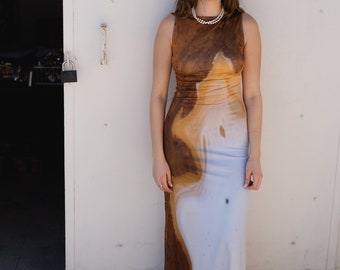 Robe longue bohème marron, imprimé abstrait, tenue de festival sans manches
