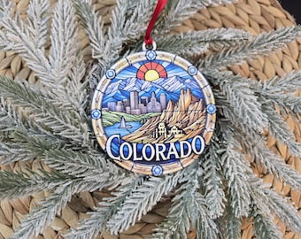 Colorado Stained Glass Inspired Ornament: UV Printed Acrylic. Rocky Mountains Keepsake Souvenir