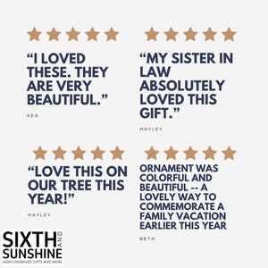 May include: Four customer reviews with five-star ratings in dark blue text on a light background. The text includes testimonials from Kea, Hayley, and Beth, along with the logo for Sixth and Sunshine Laser Engraved Gifts and More.