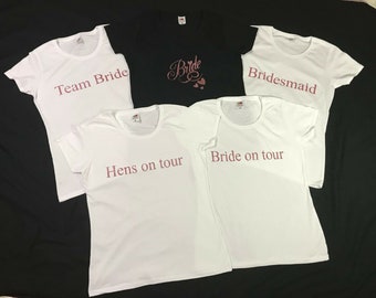 Bride on Tour, Bride, Team Bride, Hen on Tour, Braidesmaid T Shirt Bridal Party Personalised  White T-shirt Top - Rose Gold Text