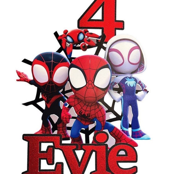 Spidey Inspired Boys & Girls Birthday Personalised Cake topper in colours Red, Blue, Hot Pink
