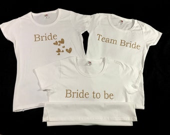 Bride on Tour, Bride, Team Bride, Hen on Tour, Braidesmaid T Shirt Bridal Party Personalised  White T-shirt Top - Gold Text