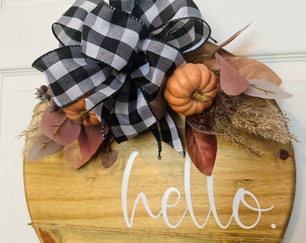 hello door hanging sign with interchangeable bow, wood welcome sign, weathered oak, family name sign, home decor, swag, front door wreath