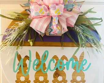 Easter Welcome sign, Wooden Round Door Hanger, front door wreath