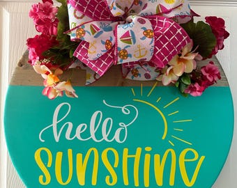 hello summer door hanging sign with interchangeable bow, teal/aqua, yellow, hi sign, welcome, home, summer decor, porch sign, sunshine