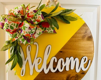 Welcome door hanger, 3D, Interchangeable bow, Welcome wreath, Sign for front door, Wood circle