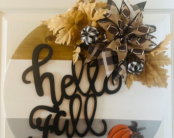 hello Fall welcome sign with football and pumpkin, wooden door hanger, hi, with interchangeable bow, New Home Front Door Decor, wedding gift