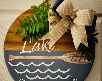 Lake Life Door Hanger, Salty, welcome humor, Home Decor, Funny signs, Wooden Round Door Hanger with interchangeable bow