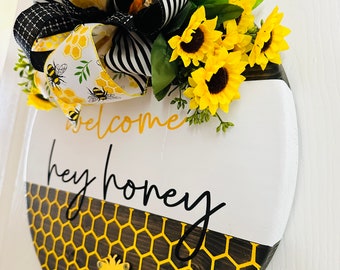 Welcome sign, Hey Honey, Buzz, Bumblebee, Honeycomb, wooden door hanging sign, summer wreath, everyday, housewarming gift