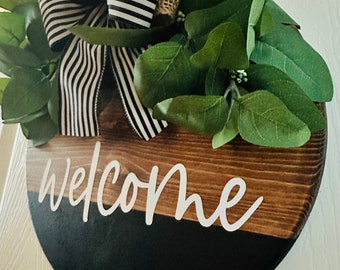 Classic Welcome sign, Front Door hanger wooden sign hi hello welcome front porch wreath Housewarming gift New Home Home decor black