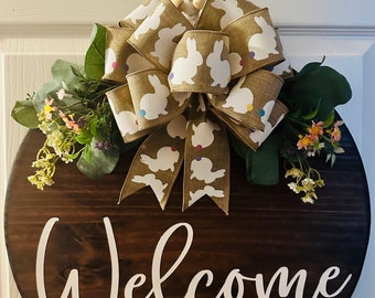 Welcome, wooden sign, Door Hanger, Red Mahogany, yearround, door wreath