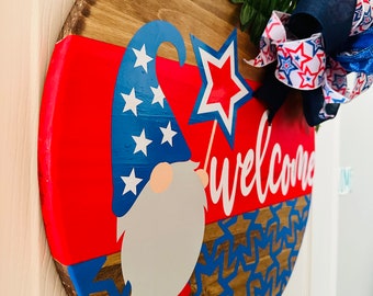 Welcome Gnome, Patriotic Door Hanger with Interchangeable Bow, Welcome Front Door sign, Summer wreath, Memorial Day, 4th of July, Labor day