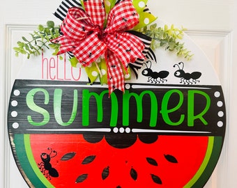 hello Summer, Door Hanger, Interchangable bow, Watermelon, Summer Wreath,