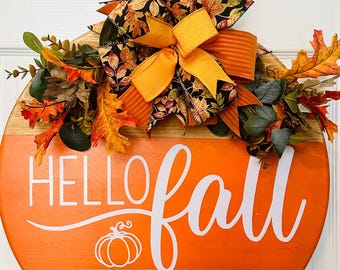 hello FALL pumpkin door hanging wreath sign, Orange pumpkin, Welcome sign, porch decor, wood sign, sign